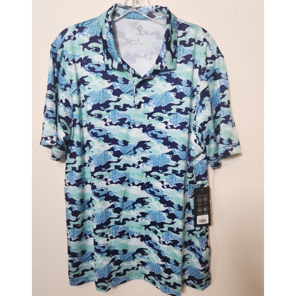 NWT Caddy‎ Cart Men's Golf Polo Shirt Blue Digi Water Camo UPF 50 Stretch Large
